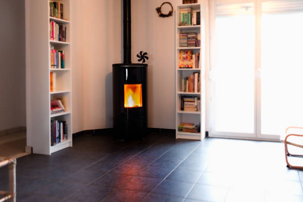 Pellet stove burning with flame in a living room