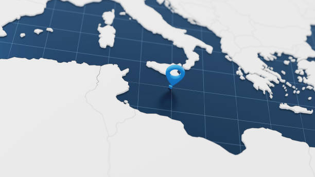 Blue Malta 3d map with pointer pin surrounded with other countries in white. Europe political map with borders. 3d render illustration.