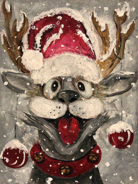 istock Snowy Christmas mood happy deer with Santa hat original painting 2189163498
