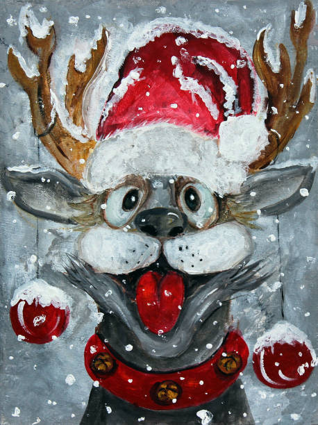 istock Snowy Christmas mood happy deer with Santa hat original painting 2189163500
