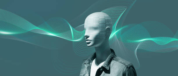 istock Conceptual image featuring a mannequin with digital text overlay on its face, surrounded by flowing data waves, symbolizing artificial intelligence, information flow 2189165149