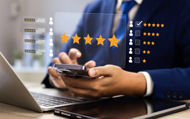 istock Customer satisfaction poll, Users rate service and products online with five-star feedback, Improving business reputation and quality through positive reviews and service excellence 2189165870