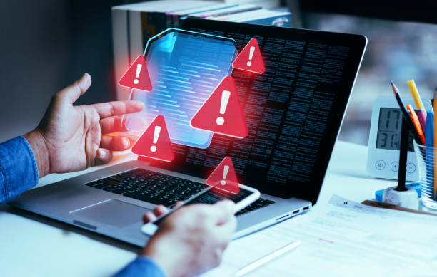 person faced with data breach or attack from hacker or spyware.data security for protection personal document data personal access information concepts.warning or error notification of malware - dataintrång bildbanksfoton och bilder