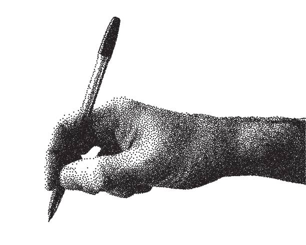 istock Stipple dotted male writing hand with a pen. Vector textured human arm photocopy effect for trendy y2k retro collage 2189166801