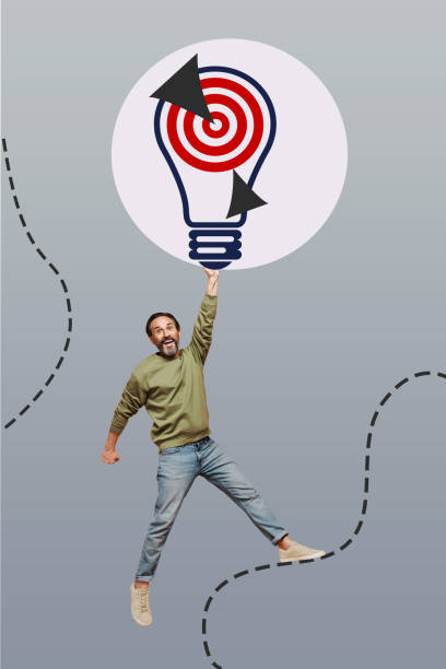 istock Collage artwork minimal picture of funky excited guy having achieving aim idea isolated grey color background 2189171580