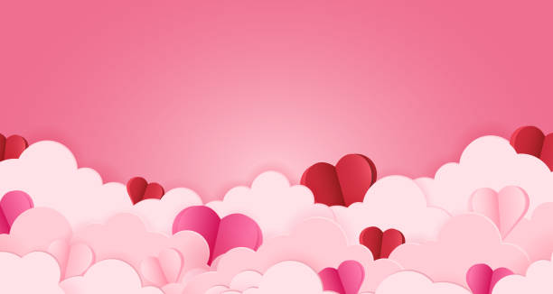 Pink background with fluffy clouds and hearts hidden in them. Valentine's Day card template in cut paper style with space for text. Vector Pink background with fluffy clouds and hearts hidden in them. Valentine's Day card template in cut paper style with space for text. handmade valentines day card stock illustrations