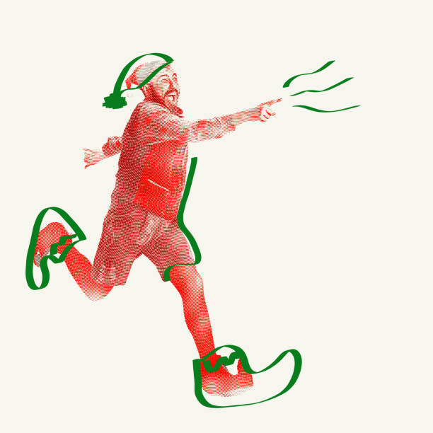 istock Creative illustration. Cheerful Elf with hand drawn doodle of hat and boots, running joyfully, outlined with green festive accents. 2189172661