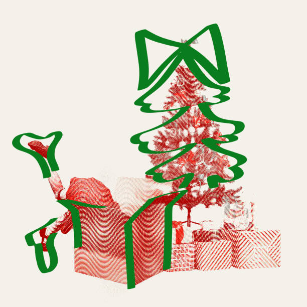 istock Creative illustration. Little gift diving into gift box under decorated Christmas tree, with decorative green hand drawn outlines. 2189172677