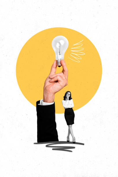 istock Vertical collage eureka concept business lady touch chin deep thinking look at light bulb startup innovation isolated on white background 2189172800