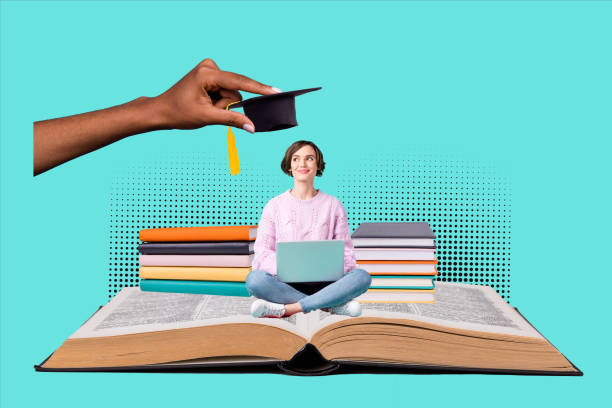 istock Collage image of arm hold mortarboard hat mini minded girl sit big opened book use netbook contemplate isolated on turquoise background 2189173799