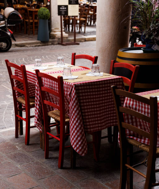 istock Empty Tables and Chairs Outside of Restaurant, Mantua 2189178416