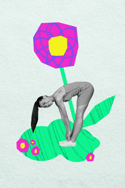 istock Vertical collage image of mini black white effect girl stretch legs big painted flourished flower isolated on paper background 2189182753