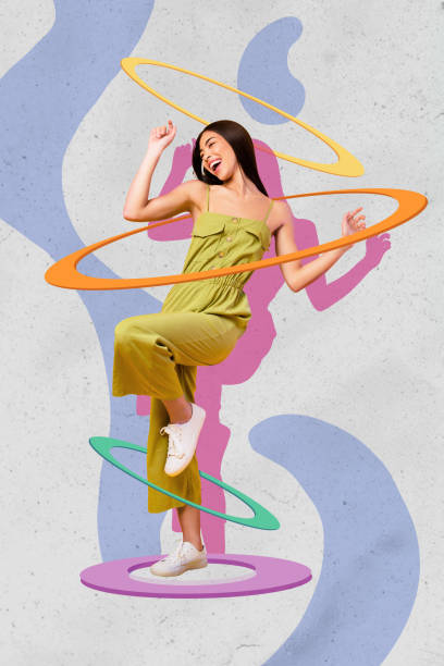 istock Creative vertical photo 3d collage postcard young laughing girl dance inside circles have fun drawing background 2189182947