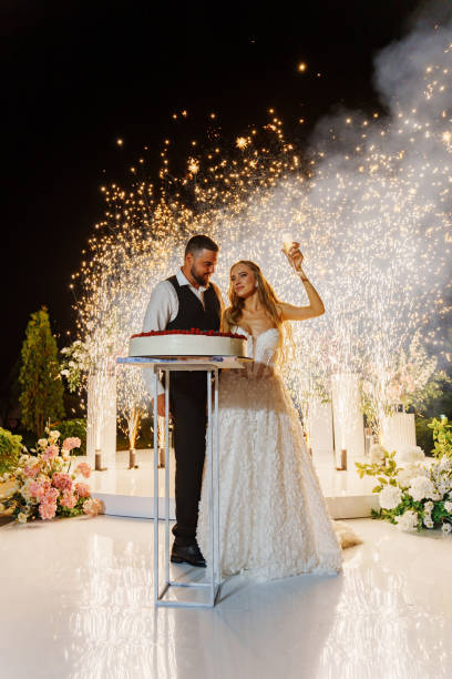 istock Bride and groom with a large round cake with berries. fireworks 2189184098