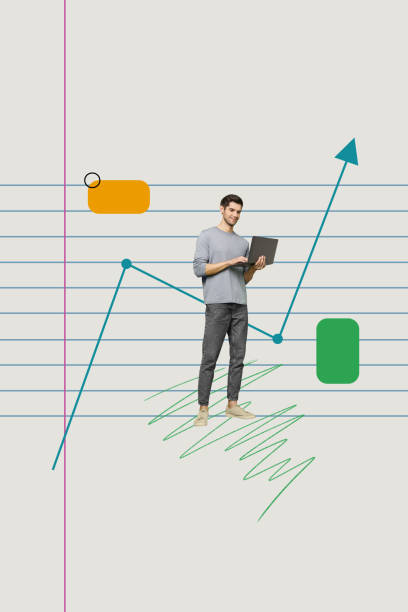 istock Creative vertical collage poster image standing man hold laptop satisfied smiling progress increase success money profit strategy 2189184152