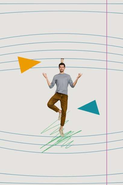 istock Collage picture image of concentrated man with cup on head balancing isolated on drawing copybook page background 2189184207