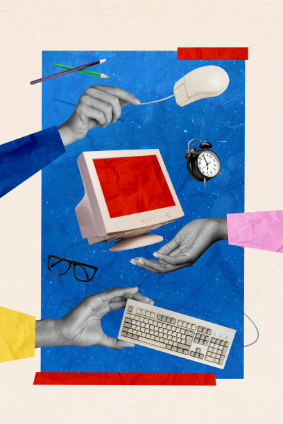 istock Photo collage artwork minimal picture of workers arms working office obsolete computer isolated graphical background 2189185082