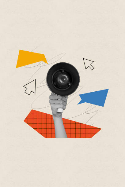 istock Vertical creative surreal photo collage of hand holding loud speaker megaphone doodle drawing on beige background 2189185158