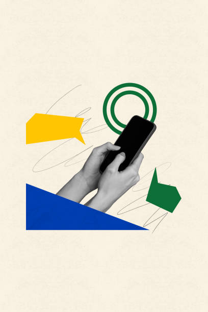 istock Vertical creative photo collage of hands arms hold phone typing message sms internet connection notification on drawing background 2189185344
