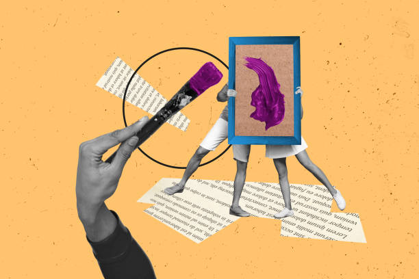 istock Banner 3d creative collage artwork two people hiding and holding frame canvas picture artist drawing portrait isolated on yellow background 2189185847