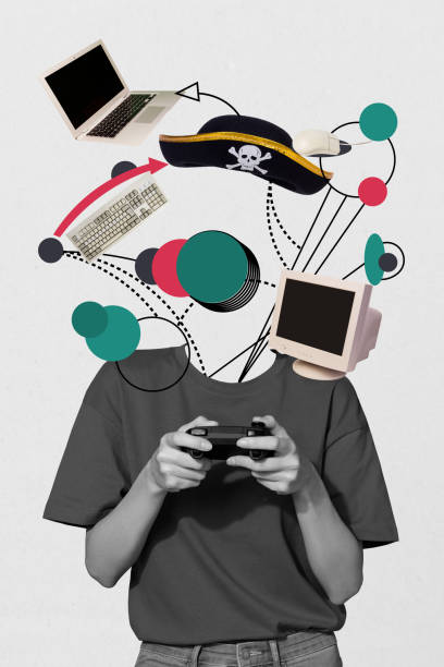 istock Collage 3d pinup pop retro sketch image of lady obsolete devices instead head enjoying playstation game isolated white color background 2189186065