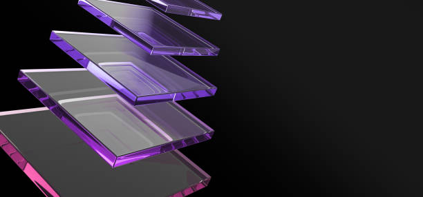 istock Abstract 3d black background wallpaper with glass square layer effect and holographic gradient render. Rainbow crystal transparent plates, panels or window frames, digital tech banner 2189189771