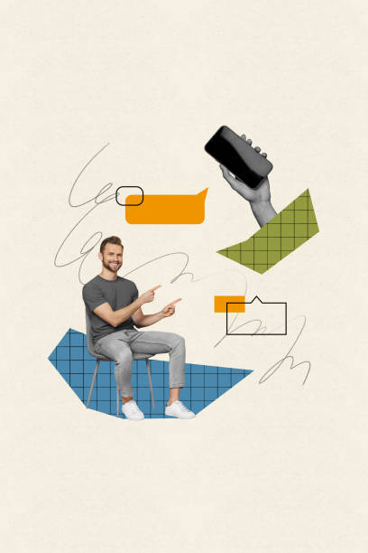 istock Collage artwork of cheerful handsome man showing modern device gadget screen display isolated on drawing background 2189190375