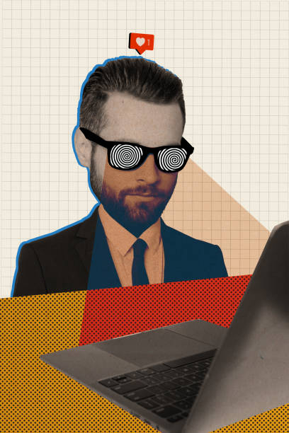 istock Vertical collage creative poster vintage effect young man surrealism hypnotized news watch work read fake news internet laptop 2189190783