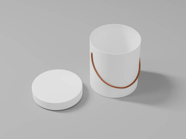 istock Top view of open lid hat box mockup, cylinder box with rope handle mockup, cylindrical shape container with ribbon hand grip mockup, empty design of round bucket storage, round basket storage mockup 2189192026