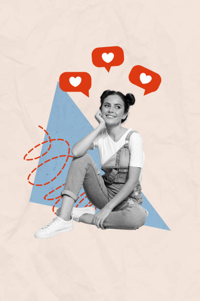istock Vertical create collage lovely dreamy young woman sit wait like post follow influencer popular sketch blue triangle beige background 2189193606