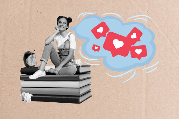 Creative collage picture image lovely cute young woman sit big stack book apple think like heart reaction popular beige background