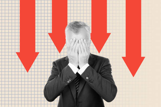Vertical collage creative illustration black white effect sadness cry despaired  man lost money charts inflation regress problem.
