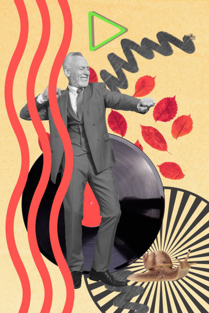 istock Collage vertical creative photo retired funky man dancing party retro falling leaves snail crawl beige background. 2189194298