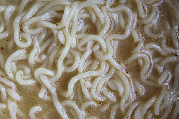 Close up view of instant soup noodles, flat lay or top view