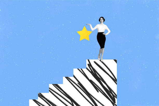 Horizontal collage photo of confident business lady look forward challenge done best feedback golden rate star isolated on blue background.