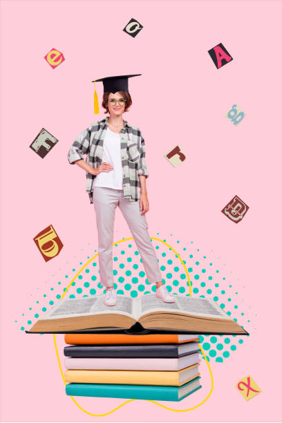 istock Vertical collage picture of positive mini girl mortarboard hat stand huge opened pile stack book flying letters isolated on pink background 2189195600