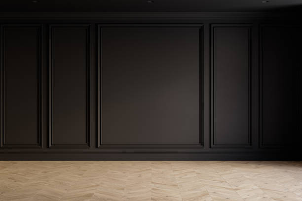 istock Classic black empty interior with blank wall with moldings and chevron wood floor. 3d render illustration mockup. 2189197828