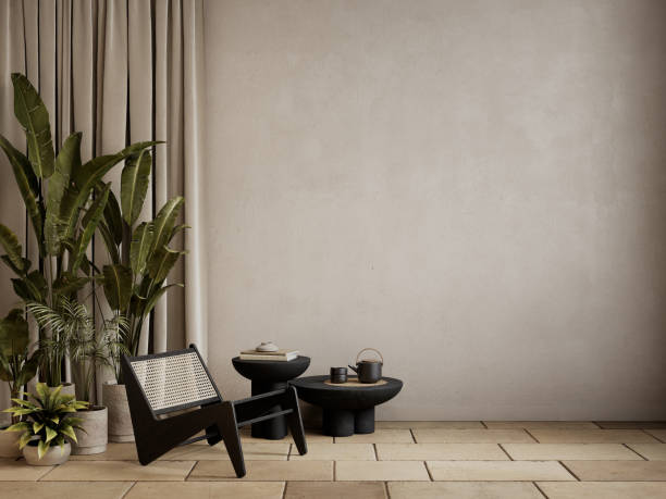 istock Beige gray interior with tile floor, armchair, coffee tables, plant and decor. 3d render illustration mockup. 2189197831
