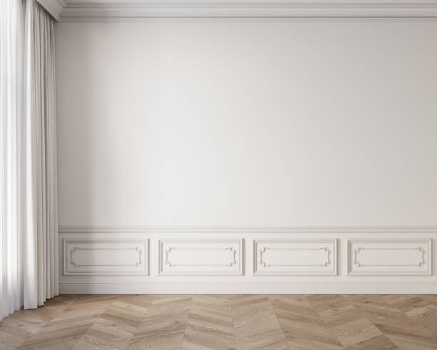istock Classic white interior with moldings, curtains and parquet chevron floor. 3d render illustration mockup. 2189197844