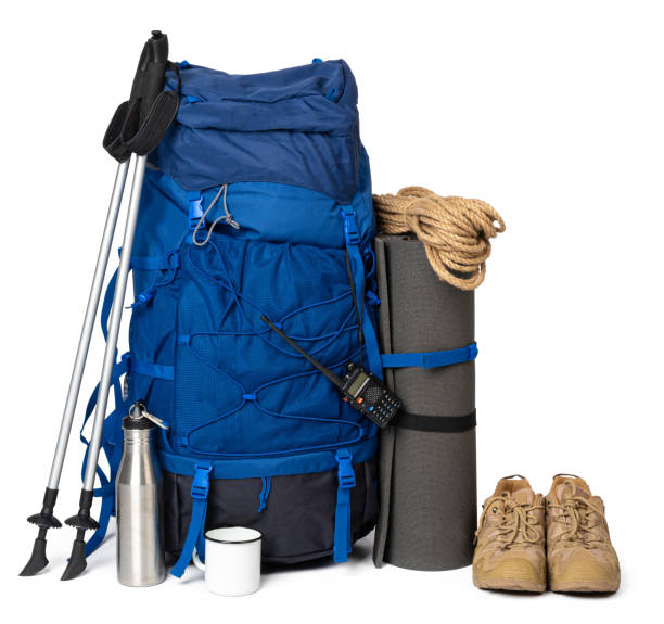 istock Blue hiking backpack with fitness mat isolated on white 2189198624