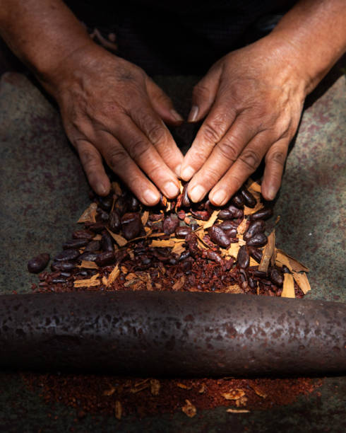 istock A woman in Oaxaca Mexico manually producing organic chocolate on a metate, an ancient stone tool for grinding food products. 2189200348