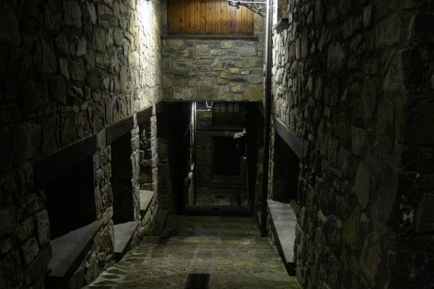 istock Charming stone alley at night with bright lights in Torla - Huesca 2189202707