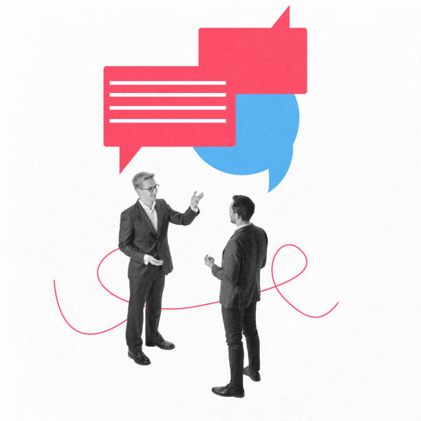 istock Contemporary art collage. Two businessmen engaged in conversation with colorful speech bubbles, symbolizing effective teamwork and business dialogue. 2189209101