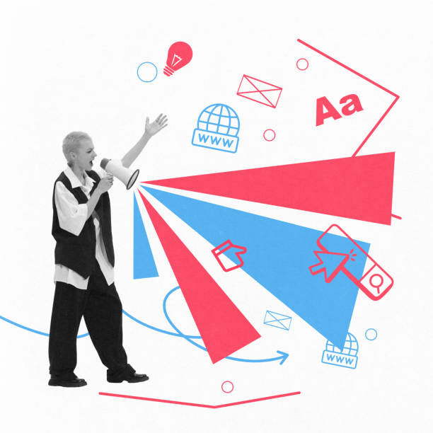 Contemporary art collage. Speaker with megaphone surrounded by colorful digital icons, representing innovative storytelling in content marketing and branding.