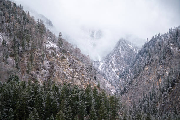 View of mountain valley with snow on the peak at Jiuzhaigou in the winter season. Nature and outdoor landscape photo.