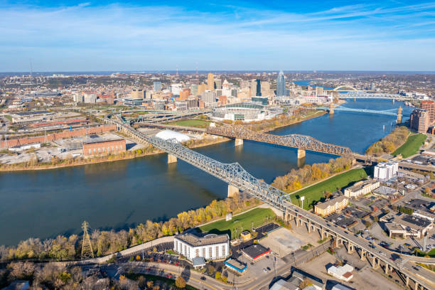 Drone angle view of Cincinnati, Ohio with Ohio River and bridges.