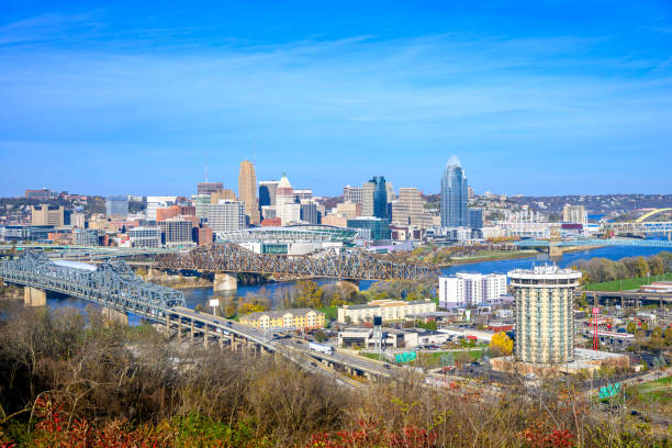Drone angle view of Cincinnati, Ohio and Covington, Kentucky