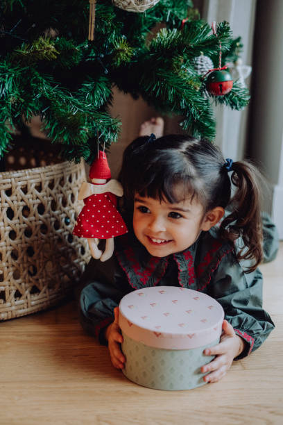 Happy girl enjoying her Christmas present under the tree