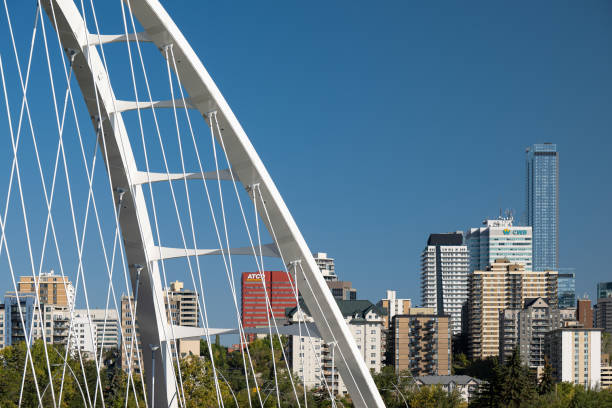 Edmonton, Alberta, Canada - September 21, 2024: Walterdale Bridge in foreground of downtown Edmonton