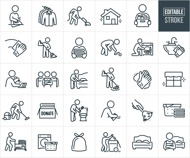 Housekeeping And Organization Thin Line Icons - Editable Stroke - Icons Include A Housekeeper, Professional Organization, Cleaning Lady, Maid, Domestic Housecleaning, Cleaning Staff, Cleaning, Laundry, Vacuuming, Sweeping, Mopping, Dusting, Organization A set of housekeeping and organization icons that include editable strokes or outlines using the EPS vector file. The icons include a housekeeper ironing cloths, organized closet of cloths handing on clothing rack, housekeeper vacuuming, clean house, professional organizer with a bin of organized household goods, gloved hand cleaning, woman doing housework by sweeping the floor, woman holding a stack of clean folded towels, professional organizer picking up clutter from off the ground, gloved hand cleaning sink, housekeeper washing dishes, group of housekeepers wearing aprons standing with arms folded, person doing housework by mopping floor, wash gloves and soap, sparkling clean window, cleaning lady vacuuming the floor, bot of clothing to be donated, person doing housework by cleaning toilets, hand using a feather duster to dust, woman cleaning, stack of clean laundry, woman taking clean cloths out of the cloths dryer, bag of trash, cleaner taking out the trash and a made up bed. clean room stock illustrations
